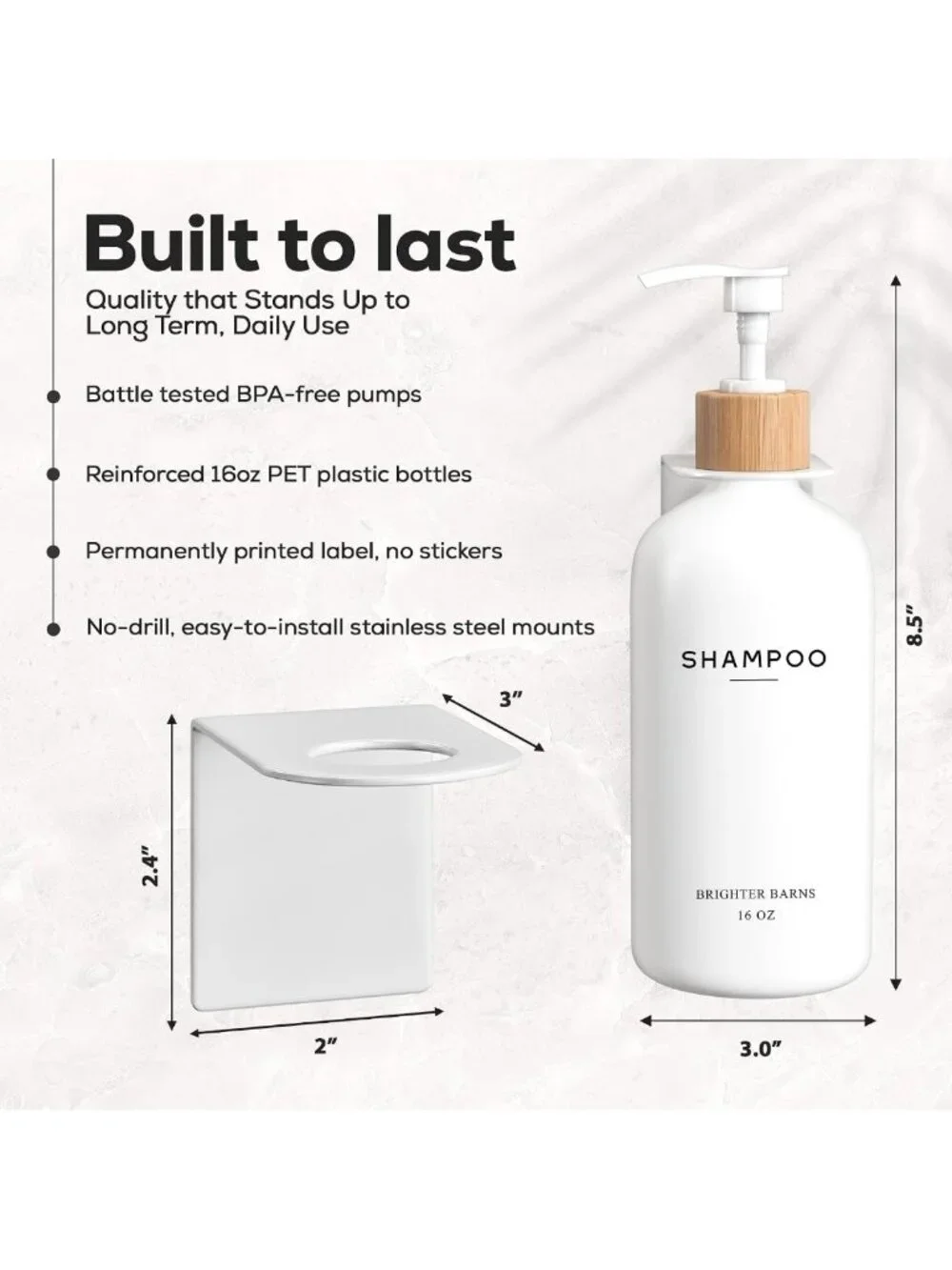 Wall-Mounted White Shampoo & Conditioner Dispenser Set - No Drill, Refillable 3
